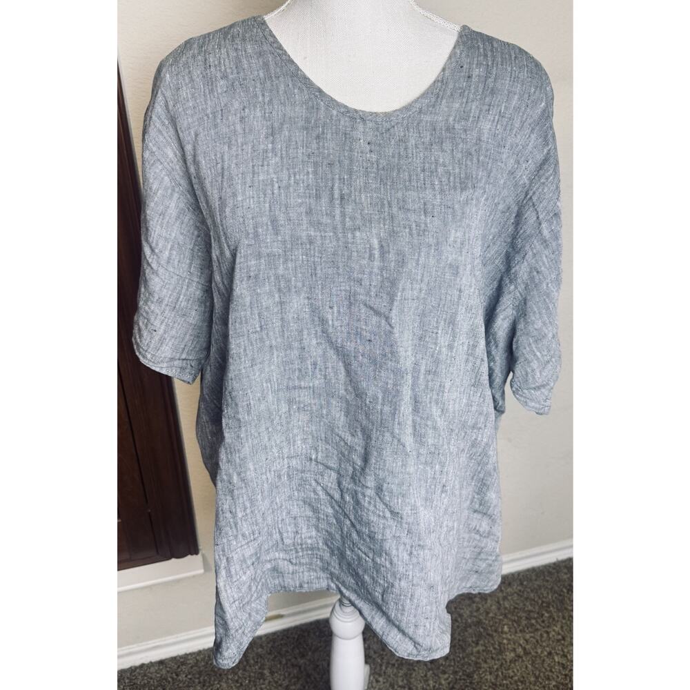 FLAX Jeanne Engelhart Linen Top XL Gray Short Sleeve Lagenlook Blouse Oversize